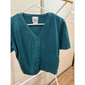 Vintage 90s Bentley Teal Button Front Knit Top Cottagecore Medium